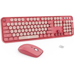 Wireless Keyboard and Mouse Combo - Round Keycaps, Full-Size Retro Typewriter Keyboard with Detachable Wrist Rest, Sleep Mode & Tilt Legs, 2.4GHz Cordless Connection for Mac/Windows/PC (Hot Pink)