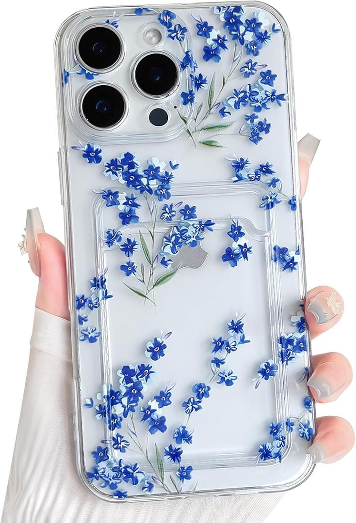 2 x NITITOP Compatible with iPhone 16 Pro Case with Card Holder Clear Cute Floral Flowers Branch for Women Girls Soft TPU Wallet Shockproof Protective Cover - Blue