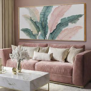 Tropical Green and Pink Leaf Wall Art 24x48 Inch, Large Framed Canvas Prints with Wooden Frame, Botanical Home Decoration for Bedroom Living Room or Office