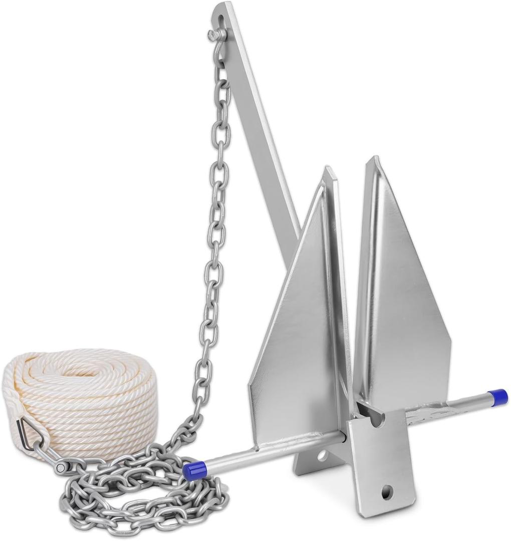 Heavy Duty Boat Anchor Kit, Fluke Style with Chain and Rope Set, Compatible with Pontoon, Deck, Fishing, and Sailboats, Galvanized Steel, 13LB