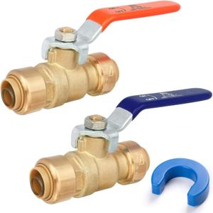 3/4" Push to Connect Ball Valve, Brass Plumbing Fitting for Copper, CPVC, PEX Pipes, With Upgraded Stiffener, Disconnect Clip Included, NSF & UPC Certified, Lead-Free, 2 Pack