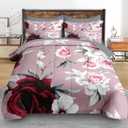 Comforter Set Queen Size, Rose Flower Leaves 7 Pcs Bedding for Kids and Adults, Painting Vintage Bed Sheet Sets with Fitted Sheet 2 Pillowcases & 2 Shams for Bedroom Bed Decor