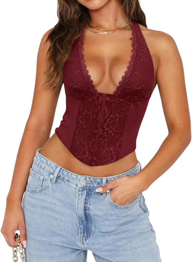 UNCOOYEE Women Sexy Lace Halter Neck Tank Top Sleeveless Backless Y2k Trendy Going Out Corset Crop Tops (Red, M)