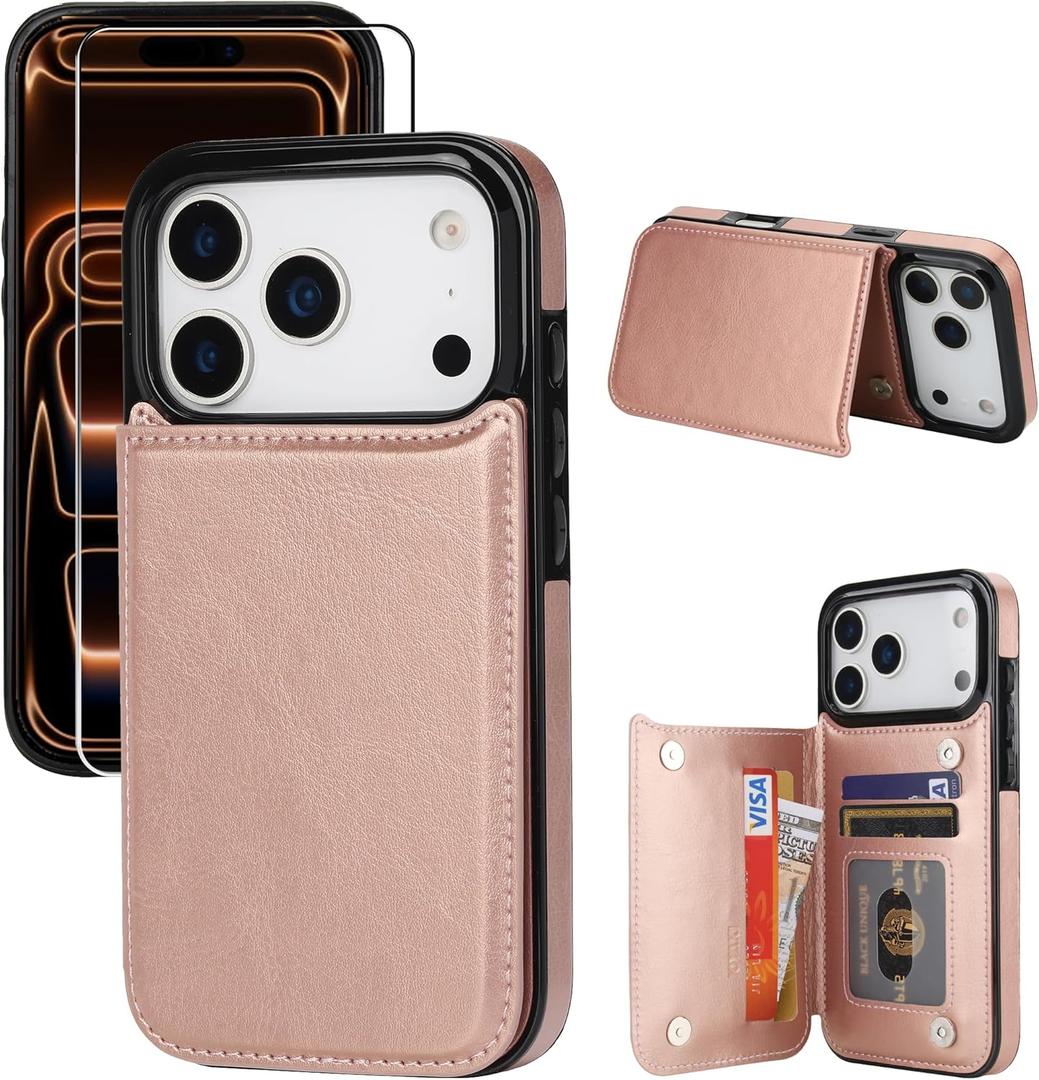 JOYAKI for iPhone 17 Pro Max Wallet Case with Screen Protector, Slim PU Leather Protective Case with Card Holder[RFID Blocking] Kickstand Cover 6.9-Rose Gold