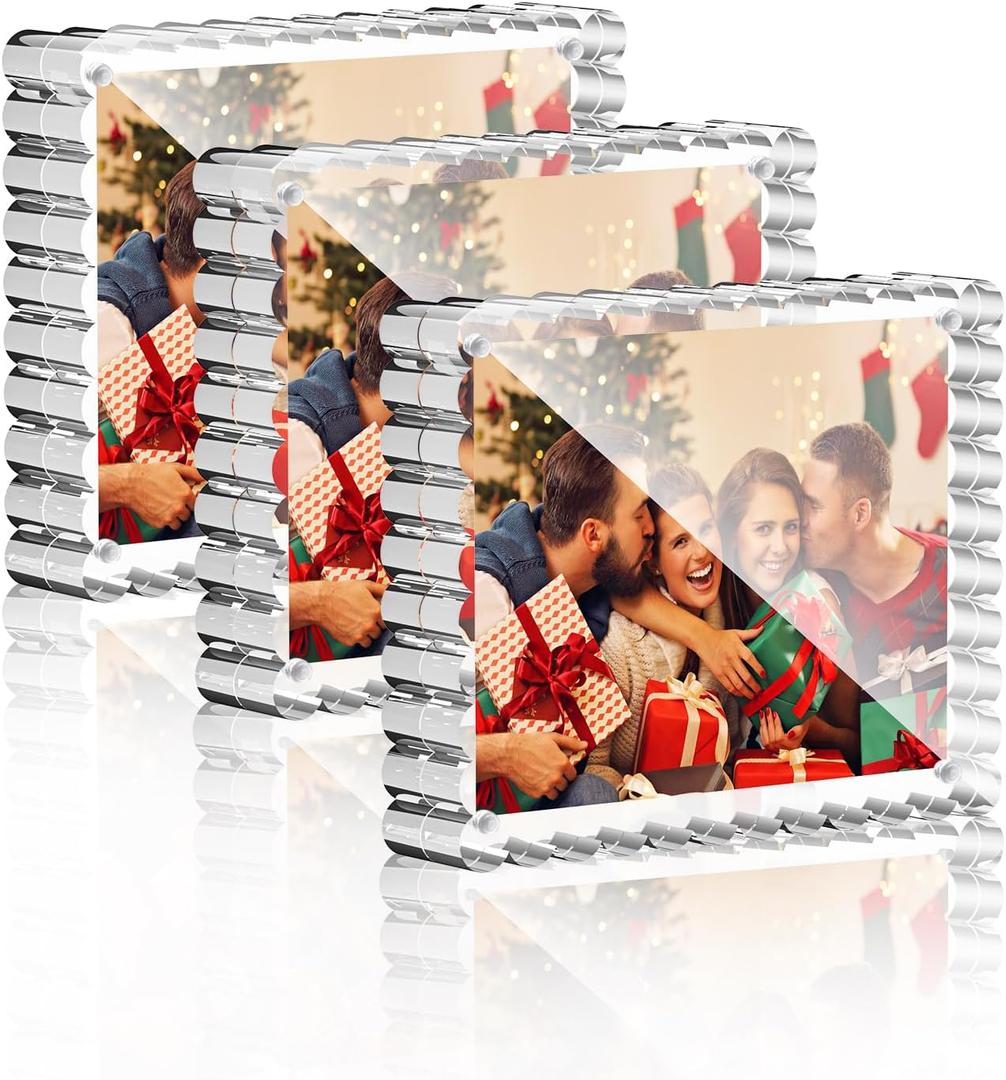 HELPLEX Acrylic Picture Frames 8x10, 3 Pack Clear Magnetic Lucite Frames, 20% Thicker 12+12mm Double-Sided Display, Freestanding Scalloped Design for Desktop