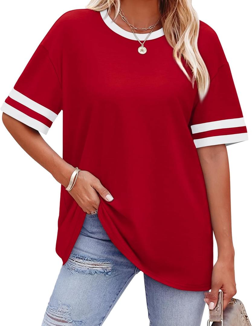 WIHOLL Womens T Shirts Loose Fit Short Sleeve Tees Crew Neck Color Block Summer Tops 2026 Fashion (XXL)