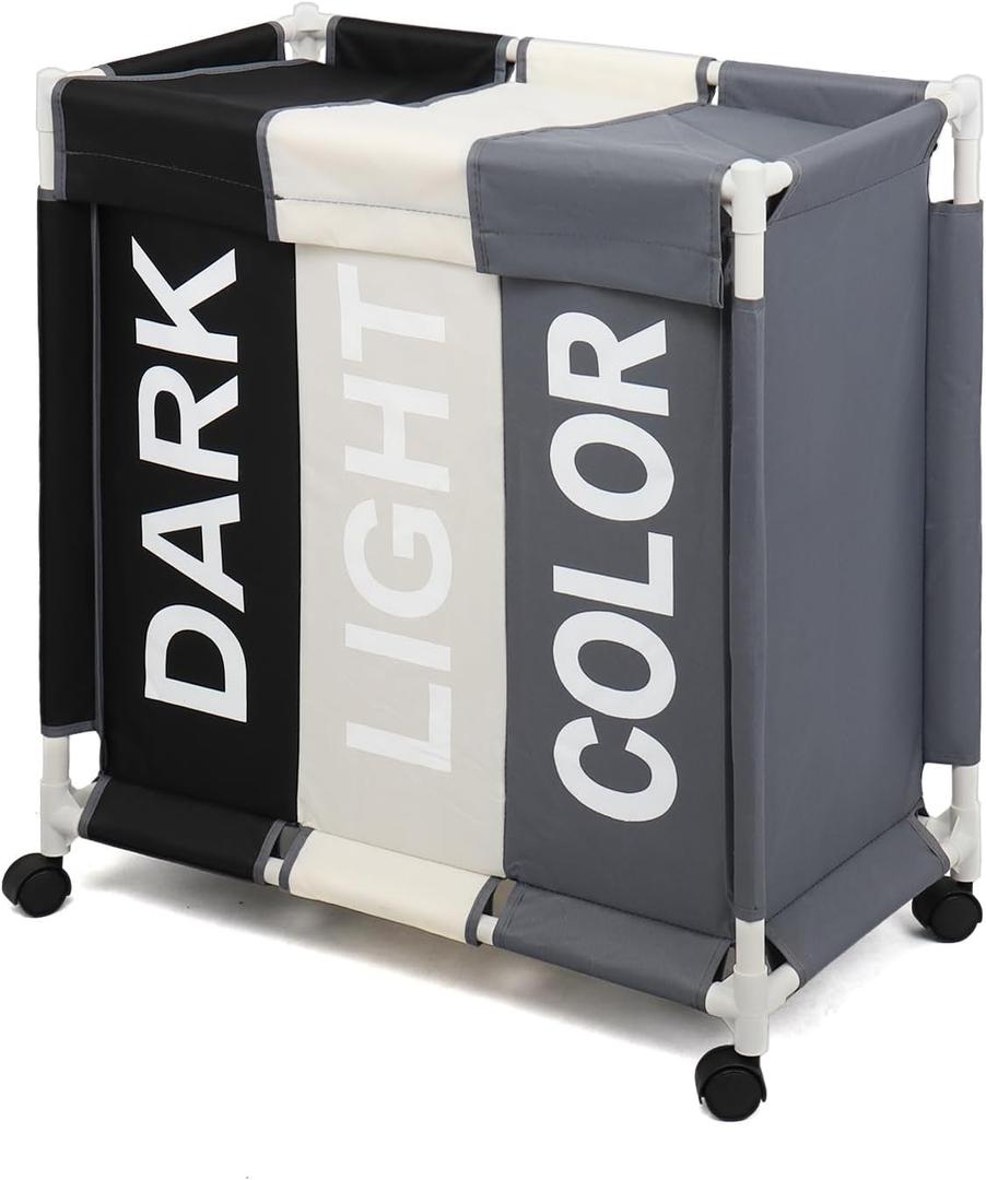 Laundry Sorter 3 Section Laundry Hamper Basket with Rolling Wheels Laundry Organizer Cart for Bathroom Bedroom Nursery (White+Grey+Black)