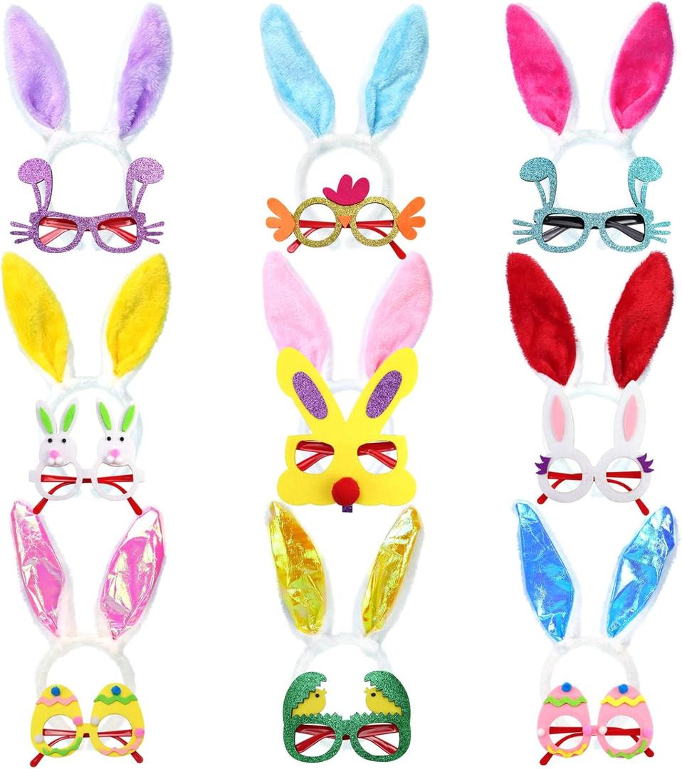 Oiuros 18PCS Easter Headbands and Glasses Frame - Easter Bunny Ears Rabbit Chick Eggs Easter Party Favors Costume Decoration Photo Booth Props Easter Party Gifts for Kids Adult