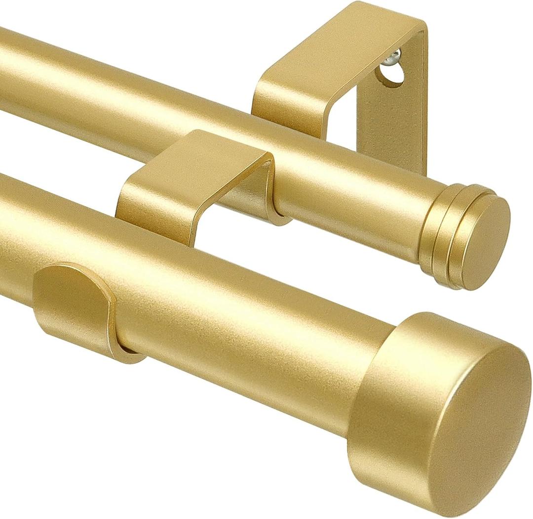 KAMANINA 1 Inch Double Curtain Rods 66 to 120 Inches (5.5-10 Feet), Heavy Duty Adjustable Double Curtain Rod for Windows, Gold Drapery Rods with End Caps