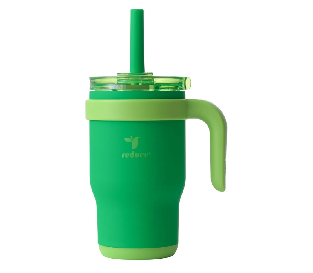 REDUCE 14 Oz Coldee Kids Tumbler with Lid and Straw - Coldee Insulated Travel Mug - Spill-Proof, Sweatproof Stainless Steel, BPA-Free - Includes Handle, Reusable Silicone Straw - Clover Green
