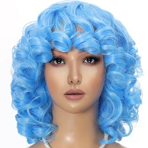 Curly Wig for Black Women Short Afro Wigs with Bangs Soft Big Bouncy Fluffy Kinky Curls wig for Women Heat Resistant Light Blue Afro Wig Cosply (Blue,14Inch) (afro curly wig)