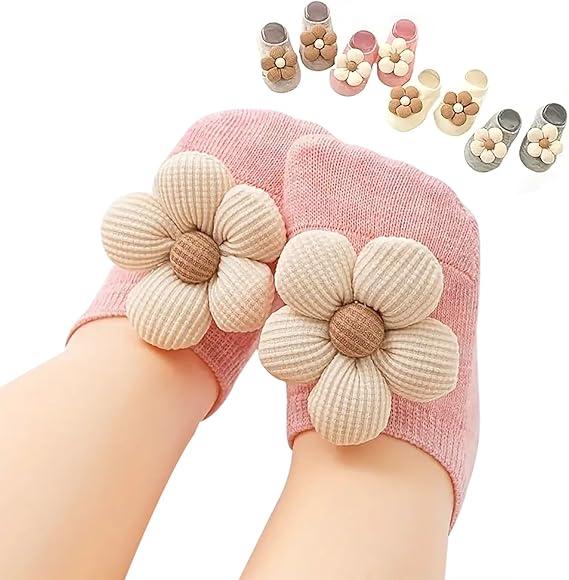 4 Packs Baby Girls Socks,Flower Non-Slip Grips for Babies Toddler Princess Low Cut Ankle Socks for Girls