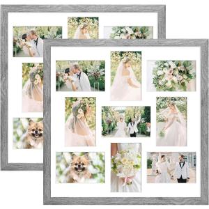 17x17 Collage frame with 9 Openings 4X6 Pictures, Multiple Picture Frame with Mat, Wall or Tabletop Decor, Grey Wood Grain,2 Pack