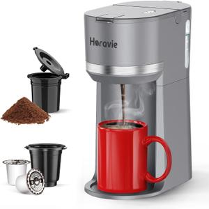 Mini Single Serve Coffee Maker for K Cup and Ground Coffee, Fast Brew One Cup Coffee Machine with Descaling Reminder and Water Window, 6 to 12 oz. Brew Sizes, Grey (9.45 Inches)