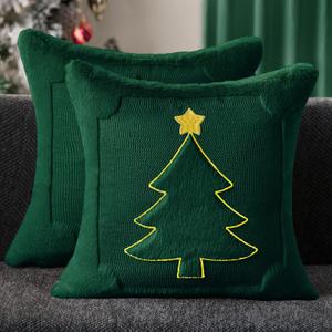 DFXSZ Christmas Pillow Covers 18x18 Yellow Star Green Christmas Tree Decoration Soft Plush Faux Fur Jacquard Throw Pillows for Bedroom Sofa Holiday Festivals Winter Home Decor PTK063A18