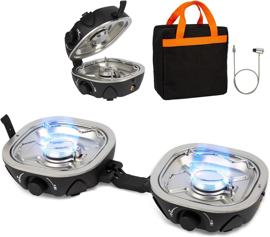 INFOOD Propane Camping Stove 20,000 BTU - Portable 2 Burner Gas Stove with Adjustable Flame Control, Piezo Ignition, Carry Bag & Propane Adapter Hose, Folding Design for Camp, BBQ, Tailgating, Black