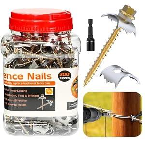 200 Pcs Stainless Steel Fence Staples Fence Nails for Softwood Reusable Fence Nails for Wire Mesh & Woven Fencing, Fence Fasteners with Wire Fixer, Easy Install & Remove with Power Drill