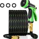 25ft Non-Expandable Garden Hose with 10 Function Nozzles, Flexible, Lightweight, Kink-Free, Leak-Proof, Sturdy Water Hose with Strong Brass Connector for Yard, Lawn, Outdoor, Marine and Camper
