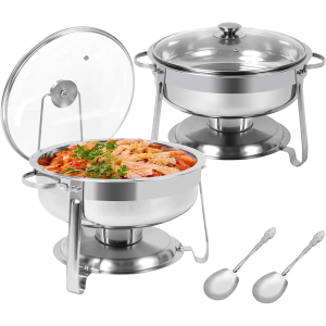 Chafing Dish Buffet Set with Spoons, 2 Packs 4 QT Chafing Dishes for Buffet with Glass Lid & Lid Holder, Stainless Steel Round Chafer Food Warmers for Parties Wedding Catering Event