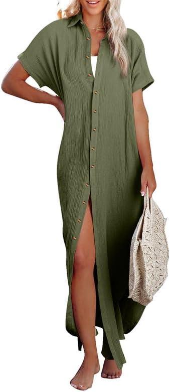 Dokotoo Womens Casual Short Sleeve Side Split Button Down Long Kimonos Cardigans Swimsuit Cover Ups Summer Beach Dress (Green, L)