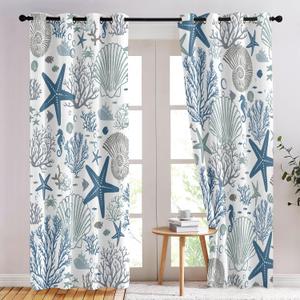 Coastal Curtains for Bedroom, Summer Beach Curtains for Windows, Blue Starfish Window Curtain Ocean Shell Nautical Curtain 52 x 84 Inch Long 2 Panels Seashell Kitchen Window Decor Living Room