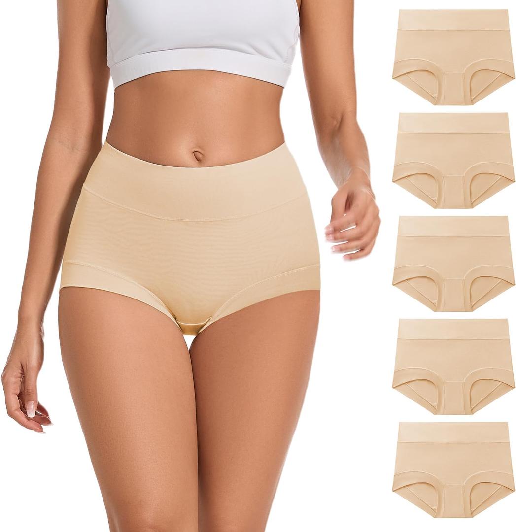 ALLBASE 5 Pack Womens Cotton High Waisted Full Coverage Underwear(Regular & Plus Size) (Beige, M)