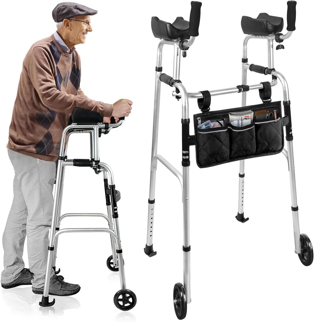 Stand Up Walker for Seniors & Elderly with 6" Bearing Wheels - Dual Mode Platform Walker, Height Adjustable Frame with Arm Support & Storage Bag, Foldable Lightweight Aluminum Upright Mobility Aid