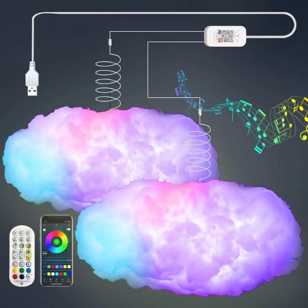 2 PCS 3D Big Cloud lightning Light Kit Music Sync Warm Multicolor lightning Changing Strip Lights 360 Degree Wireless Remote APP NO DIY Coolest Decorations for Adults and Kids Indoor Home Bedroom
