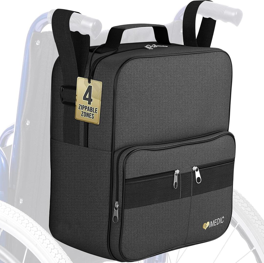 Deluxe Wheelchair Bag  Storage Backpack for Adults  Hangs Securely on Wheelchair Back  Organiser for Mobility & Electric Wheelchairs  Black