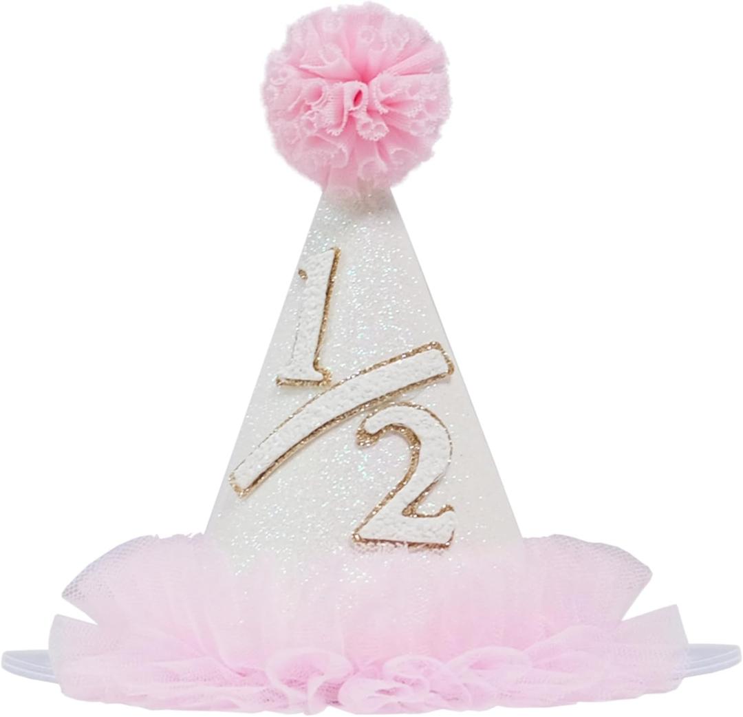 Half Birthday Party Hat, 6 Month Celebration, White and Pink with Gold Number, Glitter Party Decoration
