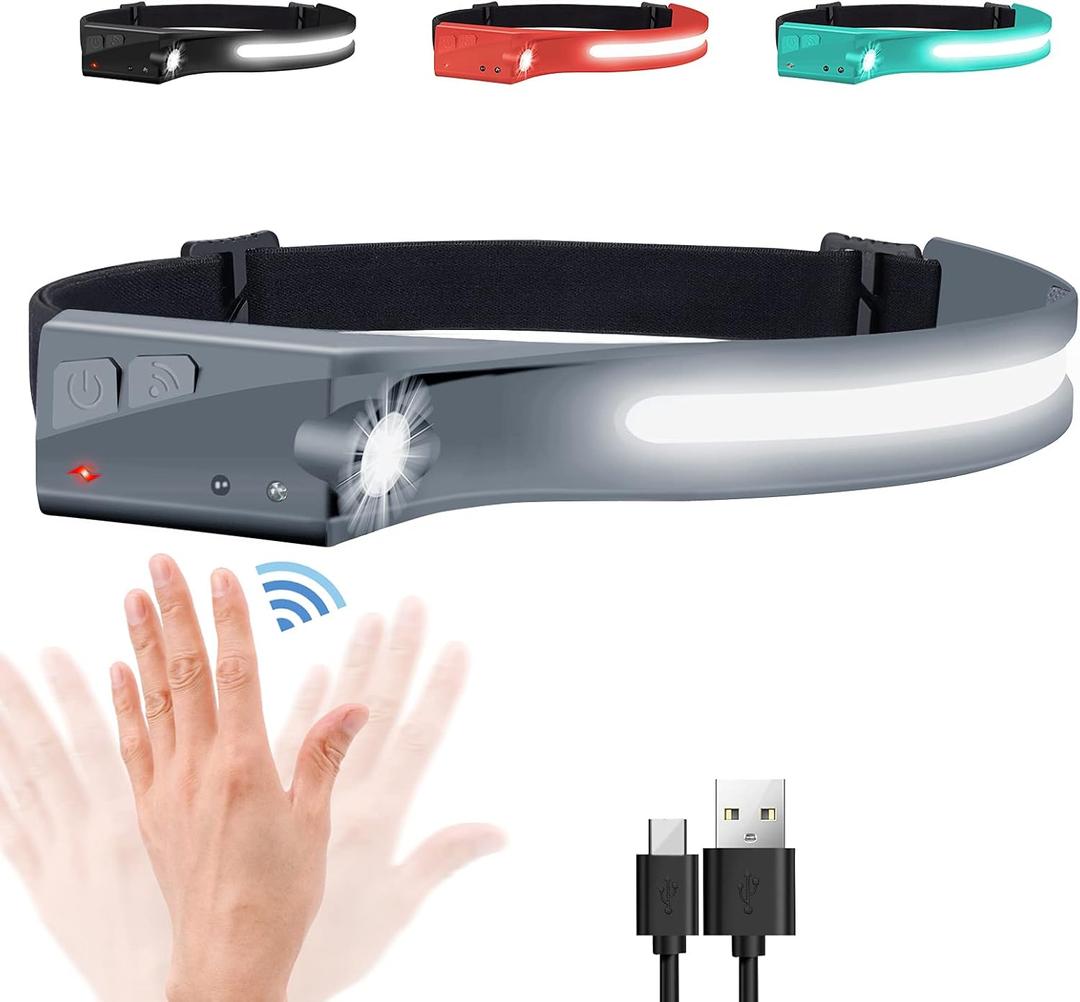 EGUKU Headlamp Rechargeable, Rechargeable LED Headlamps 1200Lumens 2 COB 230Wide Beam Headlight with Motion Sensor Bright 5 Modes Lightweight Waterproof Head Lamp for Outdoor Running, Camping Hiking (Cool Grey)