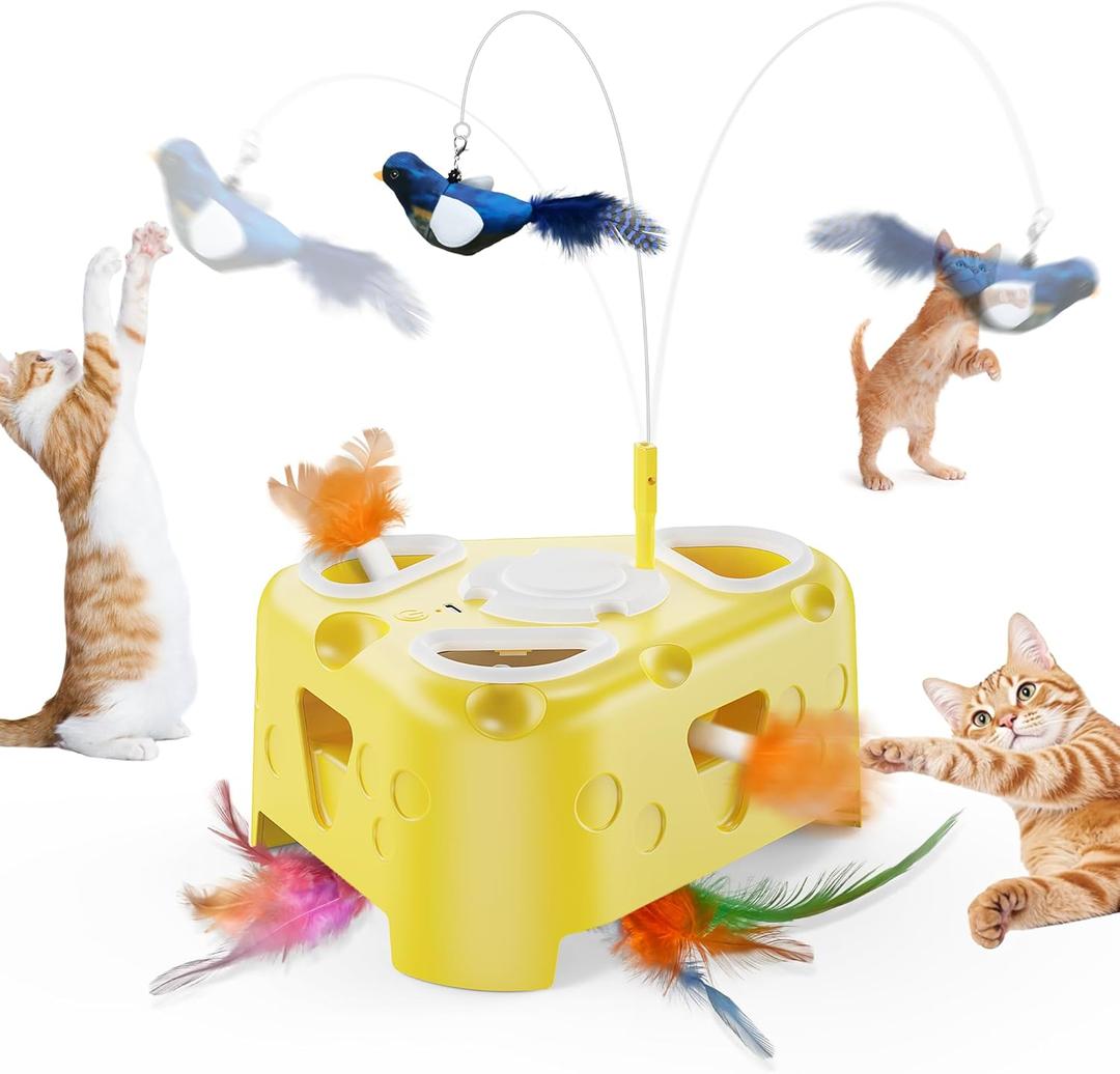 3-in-1 Automatic Cheese-Shaped Interactive Cat Toy  Flying Bird, 6-Hole Mole & Rotating Feather | USB Rechargeable Electronic Feather Toy for Indoor Adult Cats & Kittens, Relieves Boredom (yellow)