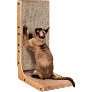 EHEYCIGA Cardboard Cat Scratcher for Indoor Cats, 26.8 Inch L Shaped Vertical Cat Scratching Board with Ball Cat Toy, Large Cat Scratcher Pad, Brown