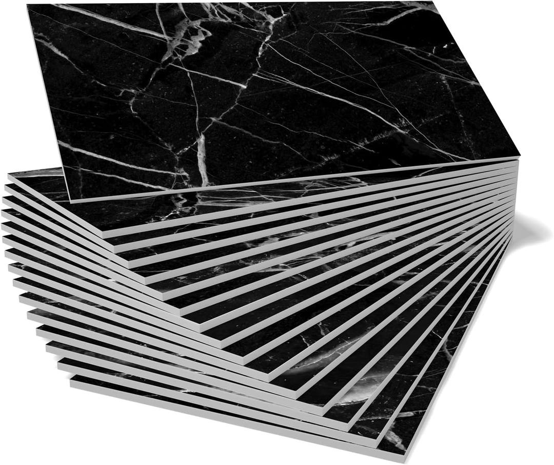Smart Backsplash Tiles Peel and Stick for Kitchen Bathroom RV Vanity Thickened by Foam interlayer,Black Marble Tile with White Vein-16pcs 12X12inch