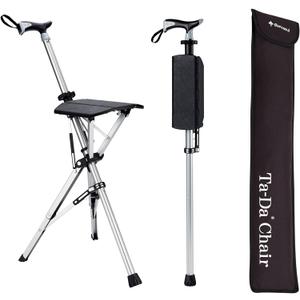 STEP2GOLD Ta-Da Chair, Portable Trekking Hiking Pole, Folding Walking Stick with Seat, Walking Cane with Chair, Foldable Chair, Lightweight Aluminum, Easy Carry and Storage, Anti-Slip (L (34.6"), Black)