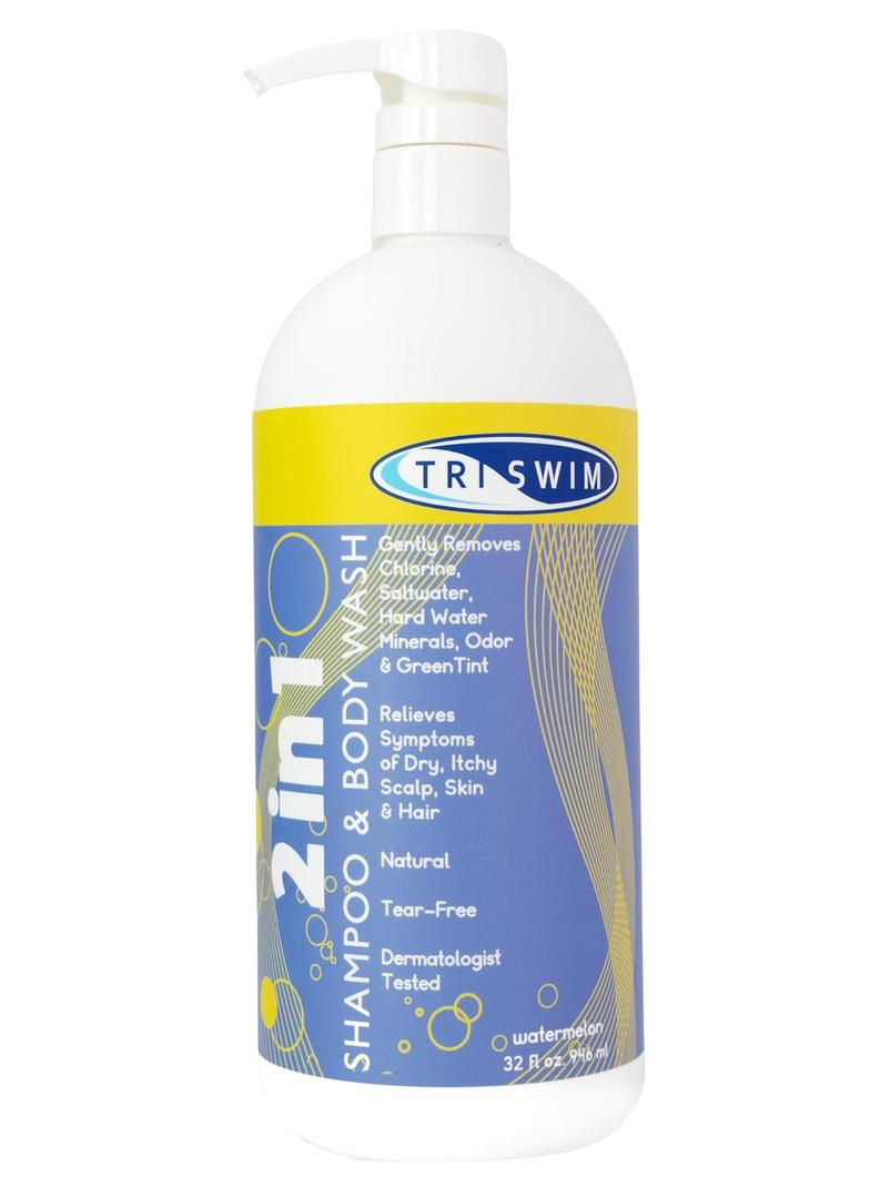 TRISWIM 2-in-1 Chlorine-Out Shampoo & Body Wash 32oz | Removes Chlorine, Saltwater, Hard Water Minerals, Copper, Green Tint | Vegan, Tear-Free, No Parabens | Watermelon Scent