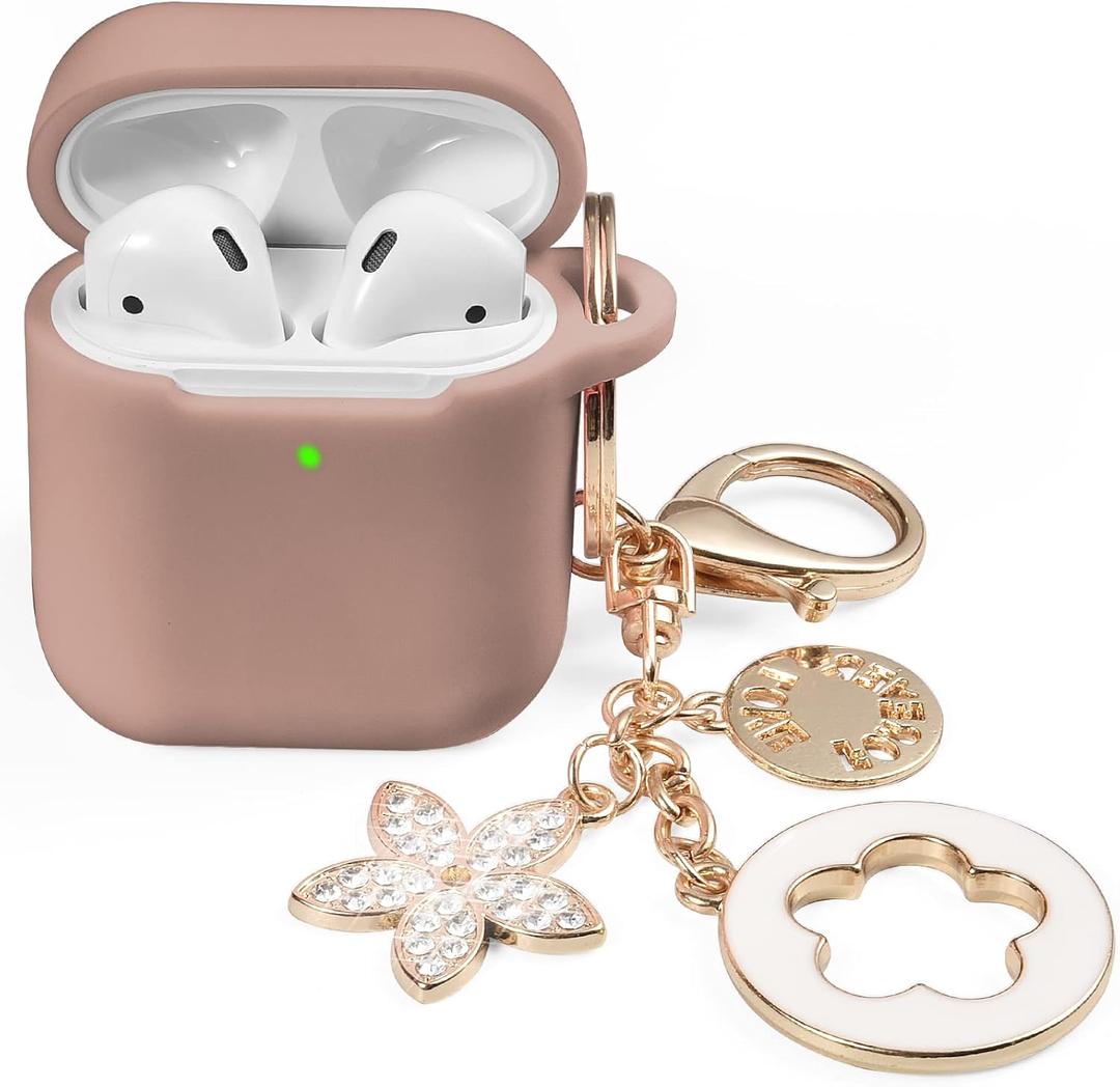 OLEBAND Case Fit for Airpod 1st/2nd Generation with Cute Bling Keychain,iPods Silione Cover Compatible for Apple Air pod/iPod 2 and 1 Gen Case,LED Visible,for Women and Girls,Milk Tea 3 Pack