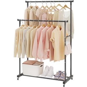 Calmootey Double Rods Clothes Garment Rack, Rolling Clothing Rack for Hanging Clothes, Coat Storage, Organizer for Bedroom, Livingroom, Apartments, Black