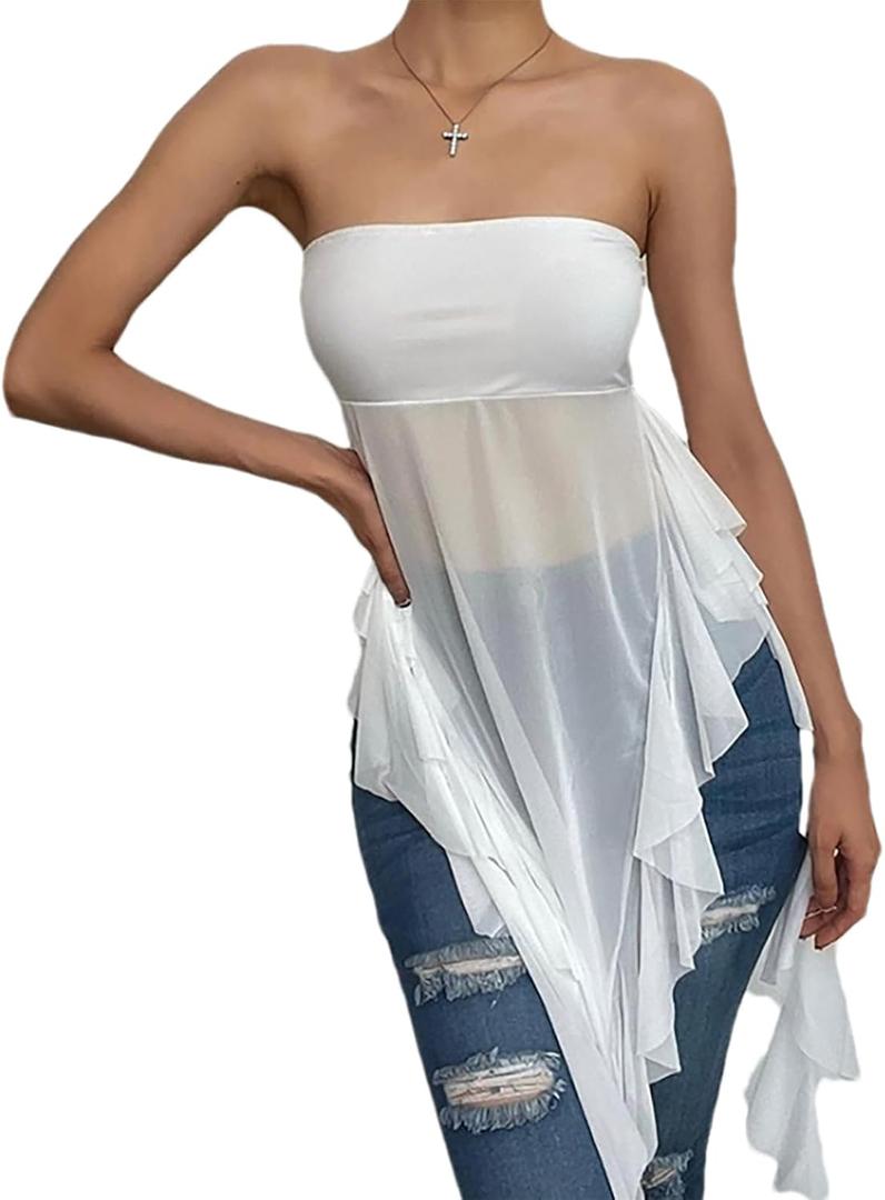 Womens Tank Tops Summer Dressy Casual Blouses Sleeveless Asymmetrical Ruffles Outfits Basic Trendy Clothes (White, L)
