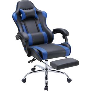 DUMOS Ergonomic Gaming Desk Chair - PU Leather Recliner with Footrest, Lumbar Support, Headrest, Fixed Armrests, Height Adjustable, 360 Swivel, Blue, for Adults (Oversized)