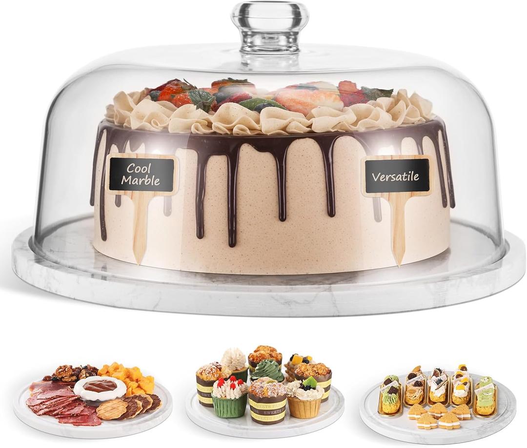 Marble Cake StandClear Cake Stand with DomeWhite Marble Dessert Holder with Acrylic Lid CoverRound Cheese Pie Serving Display Plate Holder Platter with Cover (Flat)