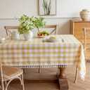 Alsoo Checkered Tablecloth Rectangle Cotton Linen Fabric Gingham Table Cloth Buffalo Plaid Table Cover with Tassel Wrinkle Free Washable for Kitchen Dining Picnic, Yellow and White, 55"X120''
