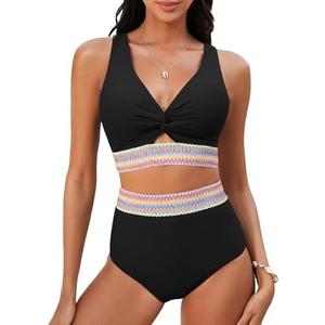 GRAPENT Bikini Sets for Women High Waisted Two Piece Swimsuit Padded Knot Twist Cut Out Color Block Bathing Suit Bikinis ,L