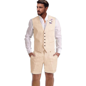 Linen Suit 2 Piece Short Suits for Men Casual Summer Beach Wedding Suit Linen Vest Shorts Set L