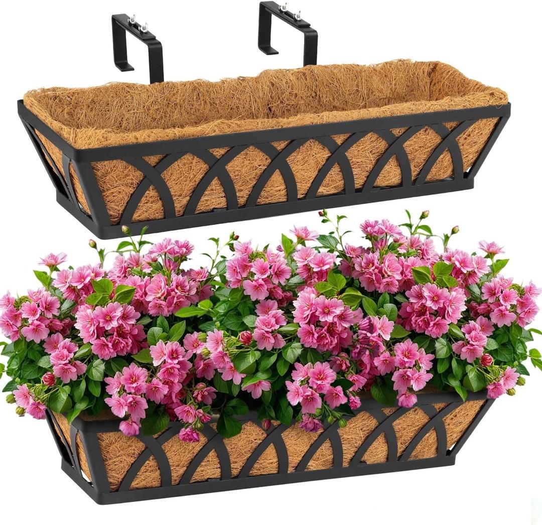 36IN Window Box Railing with Adjustable Brackets, Hanging Flower Planter Basket with Coco Liner for Outdoor Balcony Porch Fence Patio (Black - Set 2)