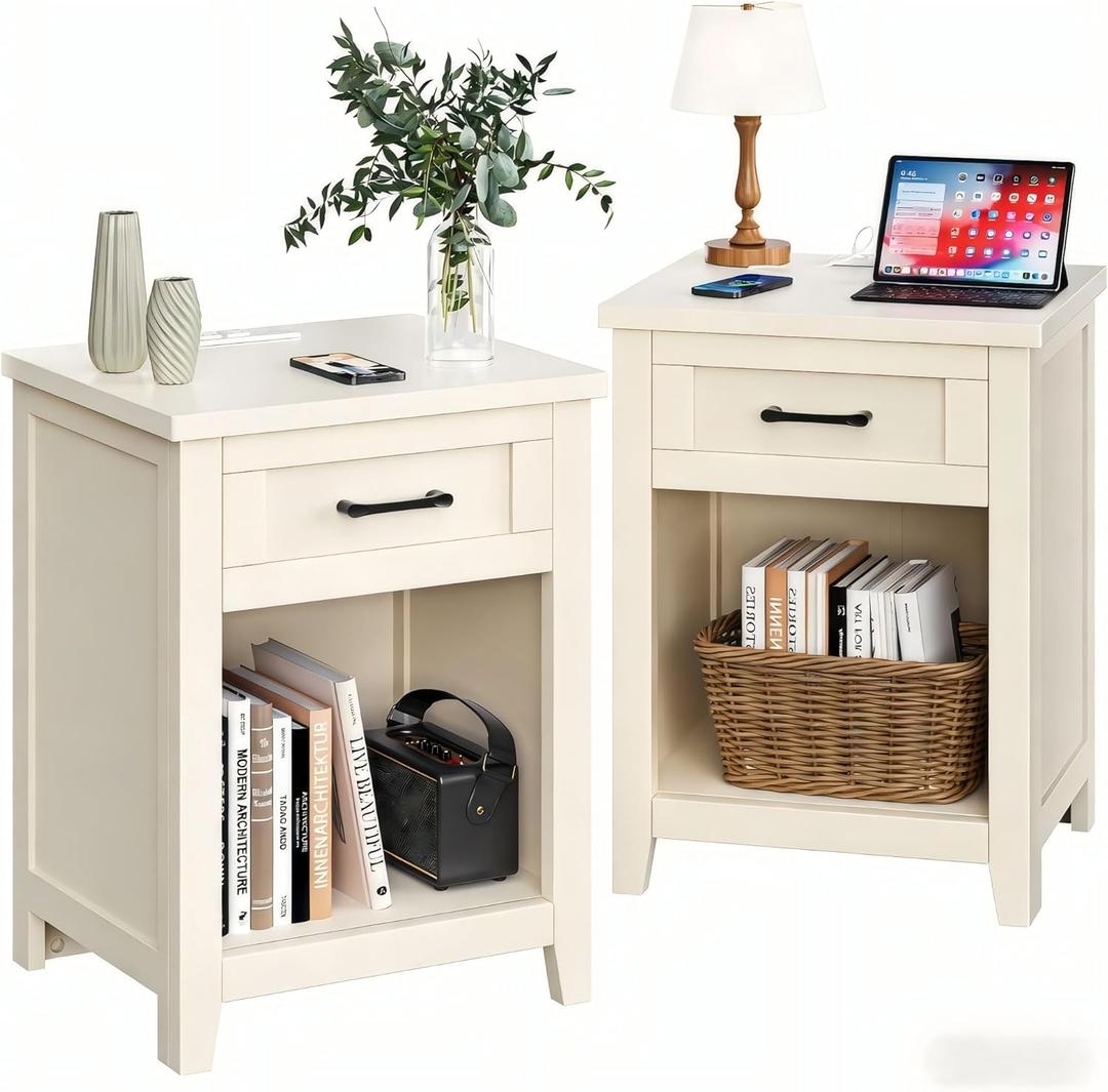 Decofy Farmhouse Nightstand with Charging Station & Large Storage, Set of 2 Modern End Tables with Outlets, USB Ports and Type-C Ports, Easy Assembly for Bedroom (Off White)