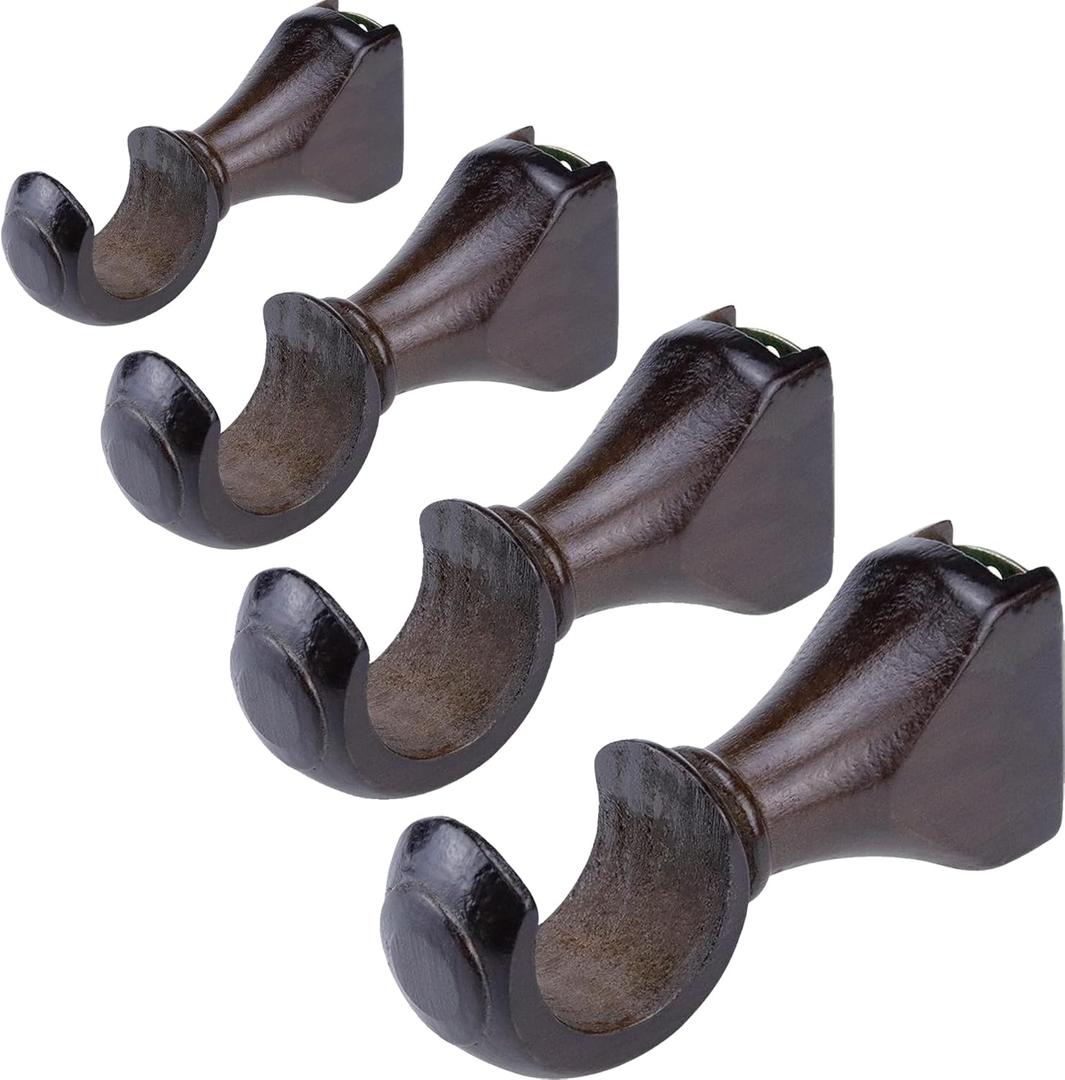 HEVSTIL 4-Pack Wood Curtain Rod Brackets,Return End Brackets for 1-2/5" Pole for Curtain Rods, Wall Mount, Dark Brown (1.37 inches)