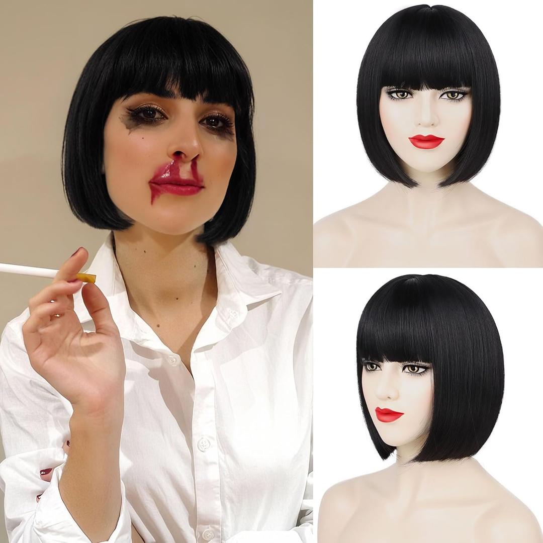 Black Bob Wig with Bangs Short Straight Bob Wigs for Women Heat Resistant Synthetic Bangs Wig for Daily Party Cosplay Use(12 Inch)