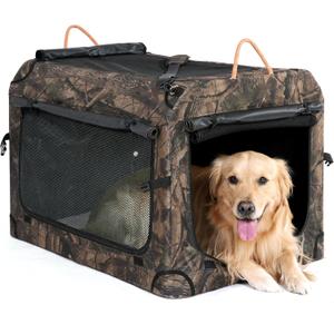 KOOPRO 27.5 Inch Collapsible Dog Crate, Portable Soft-Sided Dog Travel Carrier Camouflage Style Pet Kennel 4-Door with Durable Mesh Windows, Washable Mat, Indoor & Outdoor for Small Medium Large Dogs