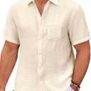Runcati Mens Casual Shirts Button Down Short Sleeve Lightweight Linen Shirt Summer Beach Tops with Pocket (X-Large, Beige)